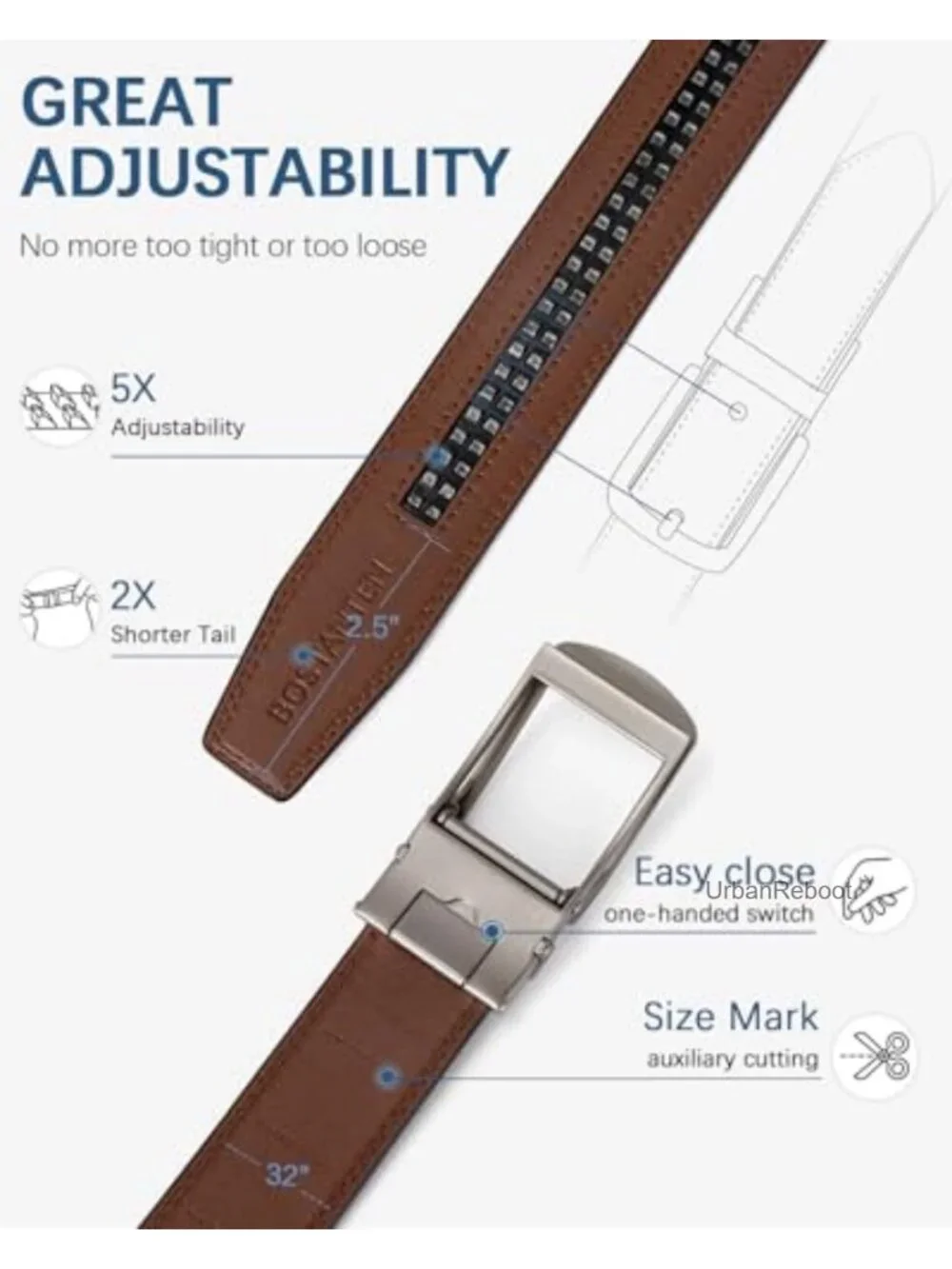 Men's Leather Ratchet Belt Adjustable Trim to Fit Gift Boxed Silver Buckle